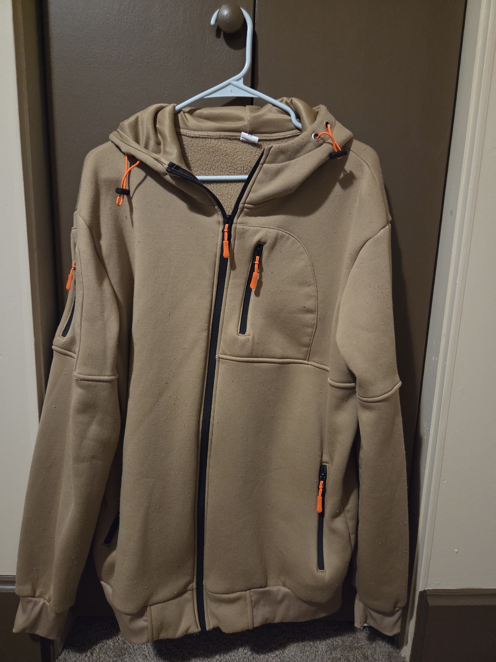 Men's Hooded Zip Jacket in Tan with Orange Accents